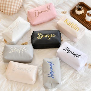 Personalized leather makeup storage bag, custom lettered makeup bag, bridesmaid gifts, bridal shower gifts, travel bags