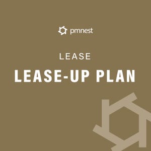 Könnte beinhalten: Brauner Hintergrund mit dem weißen Text „LEASE“ und „LEASE-UP PLAN“. Das Logo „pmnest“ befindet sich oben links. Eine geometrische Form befindet sich unten rechts.