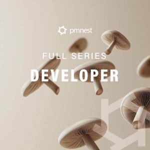 May include: An image with a beige background features several stylized mushrooms. The text "FULL SERIES DEVELOPER" is prominently displayed in large, white, bold letters. The logo of "pmnest" is in the upper left corner.