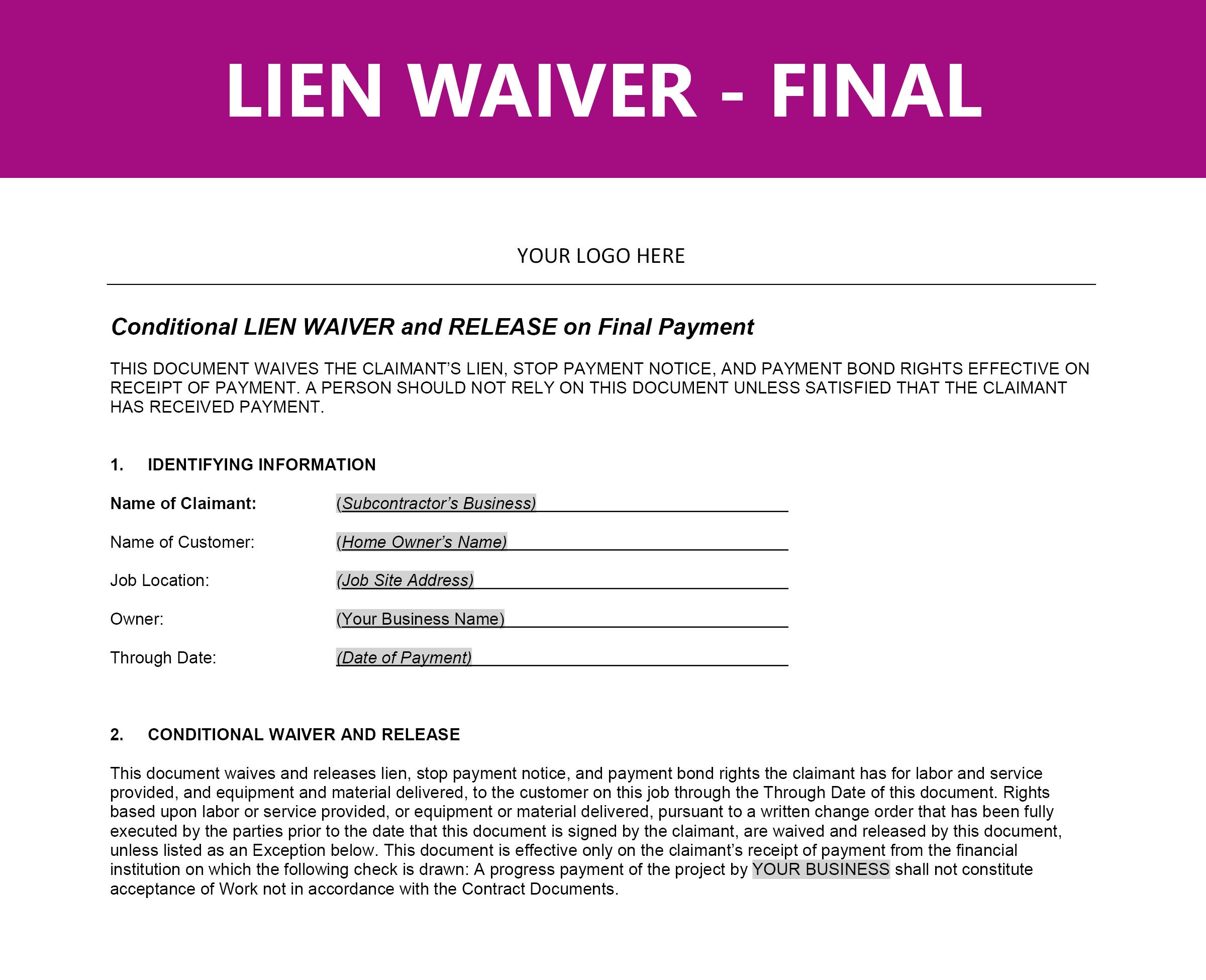 Business Template Final Lien Waiver - Etsy