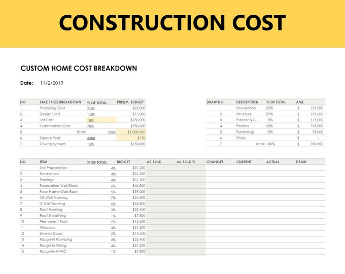 Cost Breakdown & Tracking Custom Home - Etsy