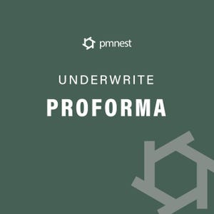 May include: A dark green background with the white text "UNDERWRITE PROFORMA". The logo of "pmnest" is at the top, and a geometric shape is at the bottom right.