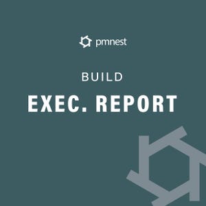 以下が含まれることがあります： 白い文字で「BUILD EXEC. REPORT」と書かれた、ティール色の背景。ロゴ「pmnest」が上部にあり、幾何学的な形が右下隅にあります。
