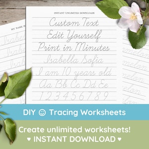 May include: Printable tracing worksheets with the text "Custom Text Edit Yourself Print in Minutes" and a sample worksheet with the text "Isabella Sofia I am 10 years old Aa Bb Cc Dd Ee 1 2 3 4 5 6 7 8 9".