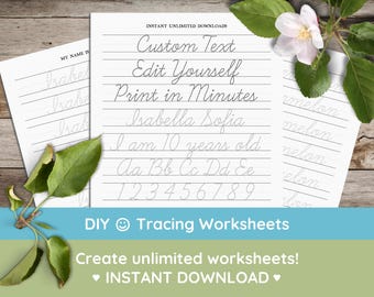 Cursive Handwriting Practice Sheet, Custom Name Tracing Worksheet, Learn to Write Alphabet & Numbers Script Printable Editable Template #L38