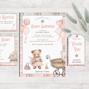 Girl Teddy Bear Baby Shower Invitation Set w/ Books for Baby Card, Diaper Raffle Ticket & Gift Tag, Digital Editable Printable Template #L13