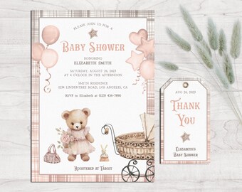 Girl Teddy Bear Baby Shower Invitation w/ Favor Tag, Pink We Can Bearly Wait Baby Shower Invite, Digital Editable Printable Template #L13