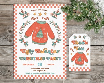 Retro Ugly Christmas Sweater Invitation, Groovy Ugly Sweater Party Invite, Fun Holiday Invite, Digital Ugly Sweater Invitation Template #L29