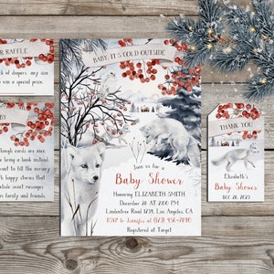 Faire-part de baby shower bébé il fait froid à l'extérieur avec renards arctiques, harfang des neiges livres pour carte de bébé, modèle numérique animaux de la forêt d'hiver # L30