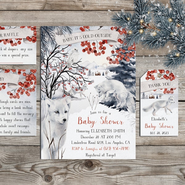 Baby Its Cold Outside Baby Shower Invitation w/ Arctic Foxes, Snowy Owl Books for Baby Card, Winter Woodland Animals Digital Template #L30
