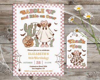 Retro Western Halloween Einladung Mädchen mit Geschenkanhänger, Cowgirl Kindergeburtstag-Party einladen, Groovy Geist Digitale Vorlage #L27