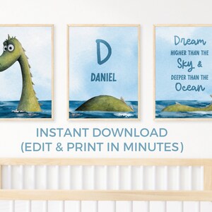 May include: Three printable nursery art prints featuring a green sea monster with the letter D and the name Daniel, a green sea monster with the text "Dream higher than the sky & deeper than the ocean", and a green sea monster with its head above the water.
