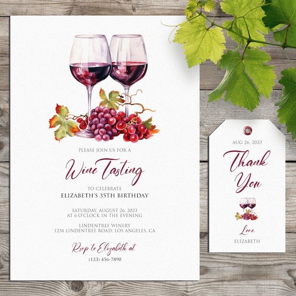 Wine Tasting Birthday Invitation w/ Favor Tag, Aged to Perfection Party, Wine Tour Birthday Invite, Digital Editable Printable Template #L03