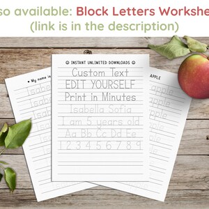 May include: A printable worksheet with dotted lines for practicing writing letters and numbers. The worksheet is titled "Custom Text EDIT YOURSELF Print in Minutes" and includes the text "Isabella Sofia I am 5 years old Aa Bb Cc Dd Ee 1 2 3 4 5 6 7 8 9".