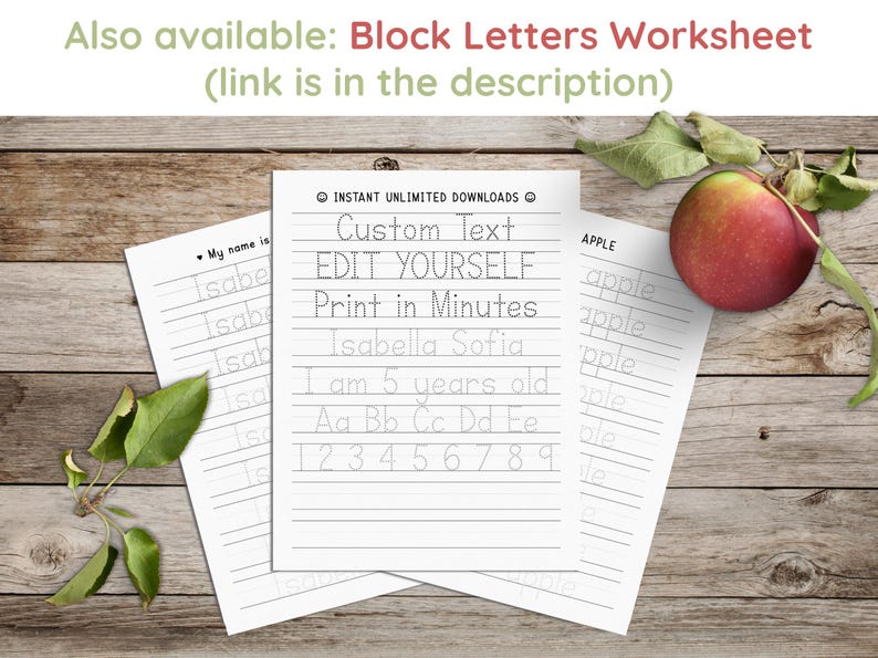 May include: A printable worksheet with dotted lines for practicing writing letters and numbers. The worksheet is titled "Custom Text EDIT YOURSELF Print in Minutes" and includes the text "Isabella Sofia I am 5 years old Aa Bb Cc Dd Ee 1 2 3 4 5 6 7 8 9".
