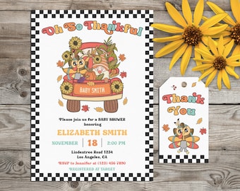 Retro Groovy Thanksgiving Baby Shower Invitation w/ Gift Tag, Rustic November Baby Shower Invite, Fall Little Turkey Digital Template #L28