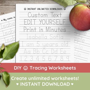 May include: Printable tracing worksheets for kids. The worksheets feature dotted lines for tracing letters, numbers, and words like "My name is", "Isabella Sofia", and "I am 5 years old".