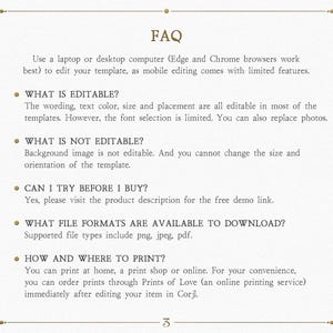 May include: FAQ section with information about editing and printing a template. The text mentions using a laptop or desktop computer, editing features, file formats, and printing options.