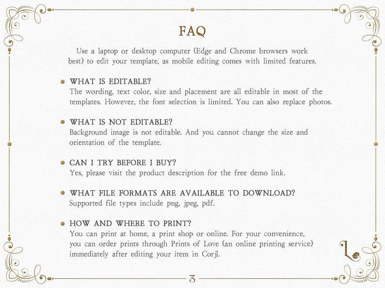 May include: FAQ section with information about editing and printing a template. The text mentions using a laptop or desktop computer, editing features, file formats, and printing options.