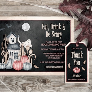 Haunted Housewarming Party Invitation w/ Thank You Tag,  Spooky Vintage Halloween Party Invite, Digital Editable Printable Template #L15