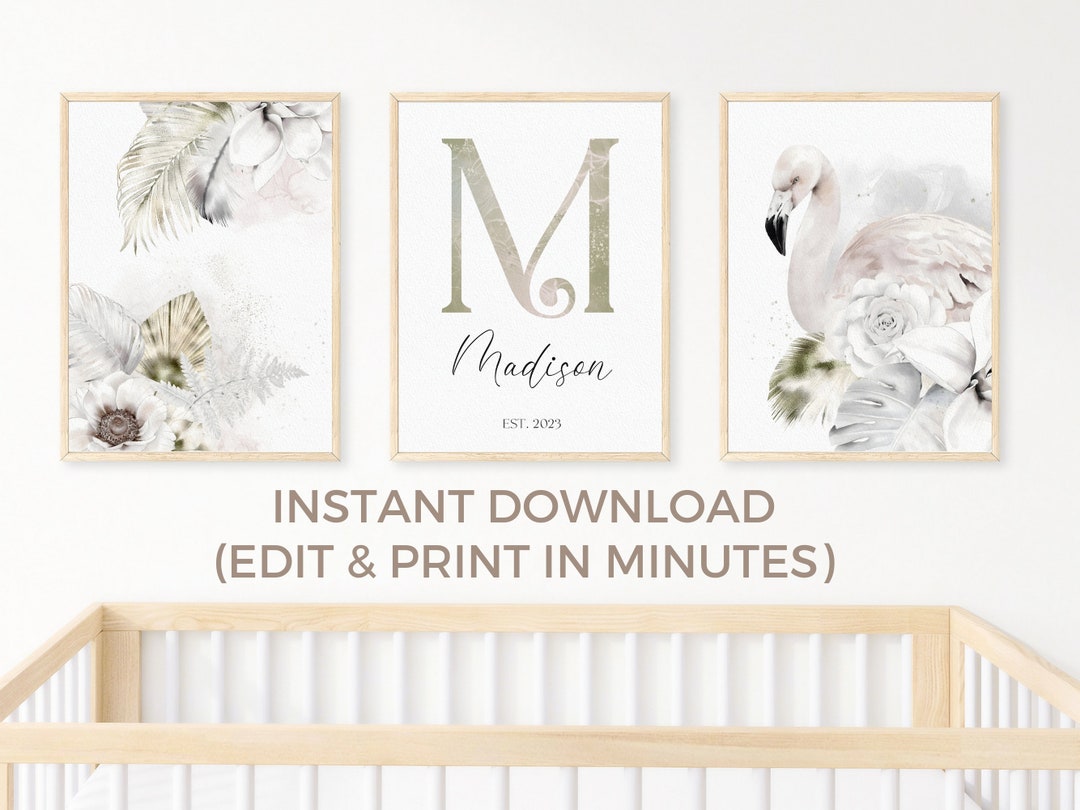 Personalized Flamingo Nursery Wall Art, Neutral Boho Baby Girl Room ...