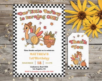 Our Little Turkey 1st Birthday Invitation, Retro Groovy Thanksgiving First Birthday Invite, Rustic Farm 1st Birthday Digital Template #L28