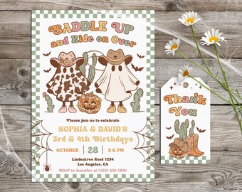 Retro Western Halloween Einladung Kindergeburtstag mit Geschenkanhänger, Cowboy & Cowgirl Geburtstagseinladung, Groovy Geist Digitale Vorlage #L27