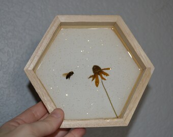 Bee floral wooden wall hanging made with real honeybees sealed in resin