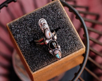 Oxidized Sterling Silver Triple Gemstone Ring: Copper Turquoise & Onyx