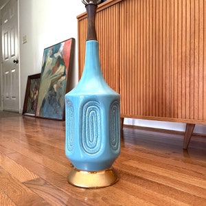 Vintage Mid Century Modern Ceramic and Wood Table Lamp, Aqua Blue