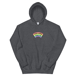 May include: A dark grey hooded sweatshirt with a rainbow arc and the text "YOU ARE VALID" in black.
