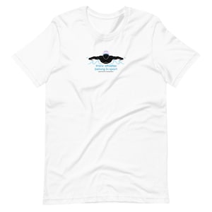 May include: White t-shirt featuring a swimmer graphic in black, with a pink, white, and blue swim cap. The text "trans athletes belong in sport" is printed in light blue below the swimmer.