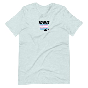 以下が含まれることがあります： 「TRANS JOY」の文字と、水色、ピンク、白の横縞模様のトランスジェンダーフラッグのデザインが施された、薄いブルーのTシャツ。柔らかい素材で作られています。