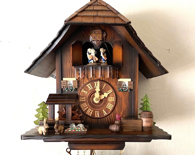 8day woodland Waterwheel Musical Cuckoo Clock, With Tiny Rabbits