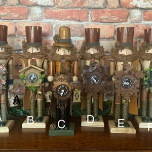Handmade “Clock Peddler” Nutcracker holding a WORKING vintage German Leaf & Loon Style novelty wind-up style cuckoo clock!