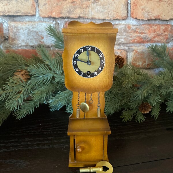 Vintage Brown Novelty Grandfather cuckoo clock. Made in Germany by Overocean Clock Co. Working wind-up clock with key & pendulum. So cute!!