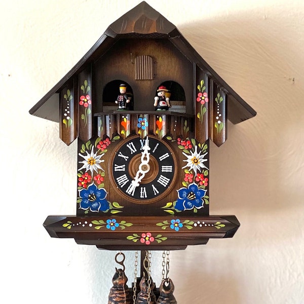 WORKING- Darling vintage “Floral Chalet Style” musical cuckoo clock. Made in Germany. Nighttime shutoff! 1 yr warranty included!