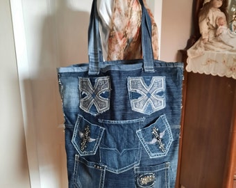 Handmade Upcycled Jeans Tote Shoulder Bag - Unique