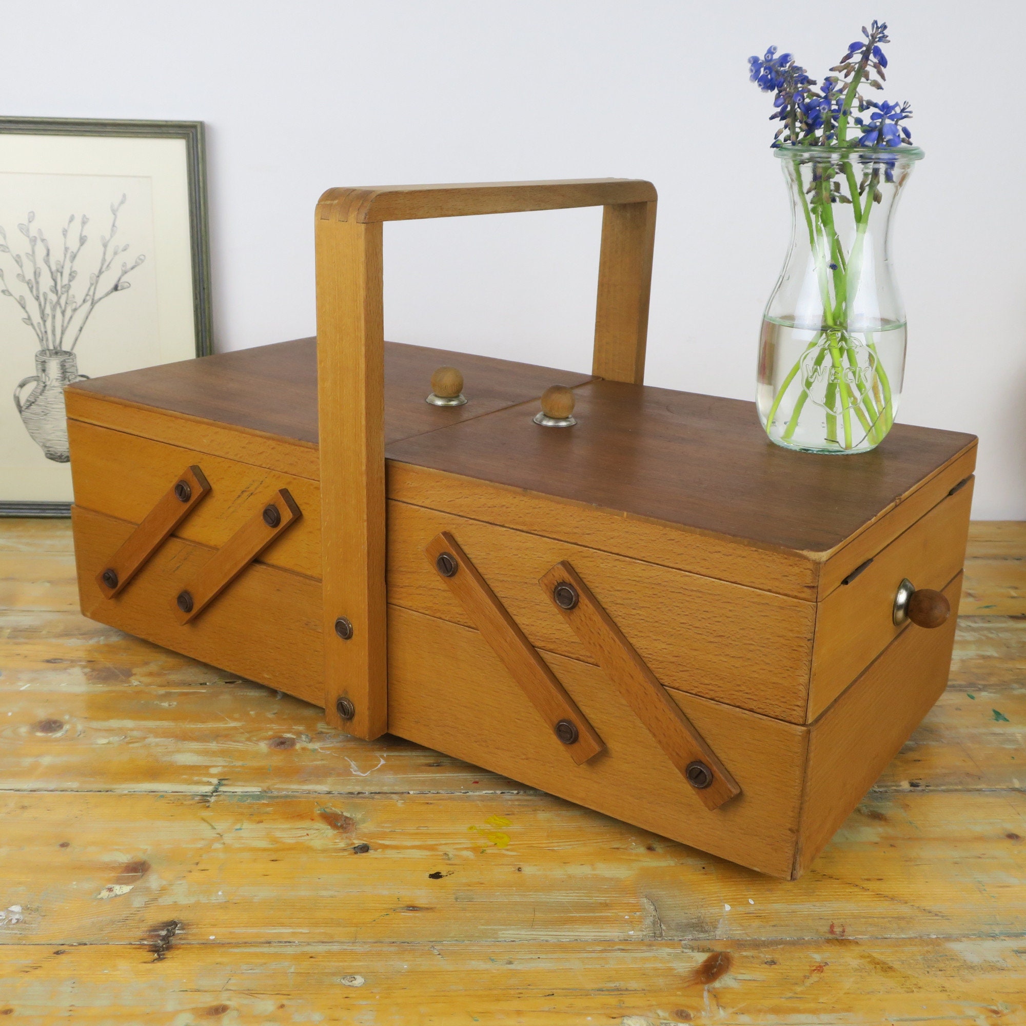 Vintage wooden sewing box wooden storage with compartments Etsy