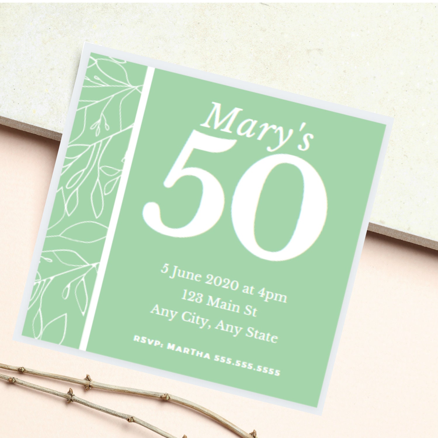 Sage Birthday Card Editable Design Floral Invitation Etsy UK