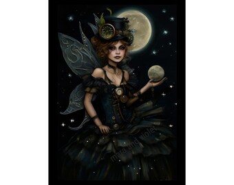 Urzekająca Steampunkowa Wróżka z Księżycem Matowy Plakat - Wydruk artystyczny generowany przez AI