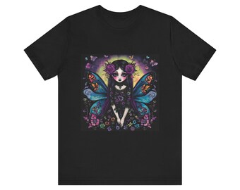Adorable whimsical goth fairy with tie dye wings and rose crown, Adult Unisex Jersey Short Sleeve Tee