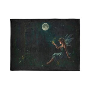 May include: A fairy with wings sits in a forest at night. She is holding a glowing orb in her hand. The moon is full and shining brightly in the sky. There are fireflies flying around her.