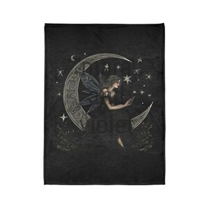 May include: A black and silver crescent moon with a fairy sitting on it. The fairy has long dark hair, a black dress, and blue wings. The background is black with white stars.