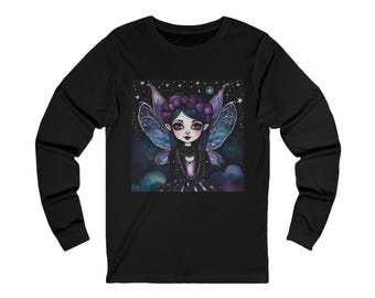 Cute Whimsical Goth Fairy with Blue & Purple Tie Dye Wings and Hair Adult unisex black Long Sleeve TShirt