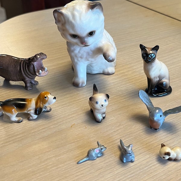 Vintage Hagen Renaker * repaired * animal figurines: hippo, Persian, Siamese cat and kitten, bluebird, mouse, hound dog