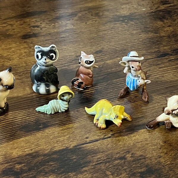 Vintage Hagen Renaker * repaired * animal figurines: Siamese cat, triceratops dinosaur, custom kangaroo, raccoon, caterpillar