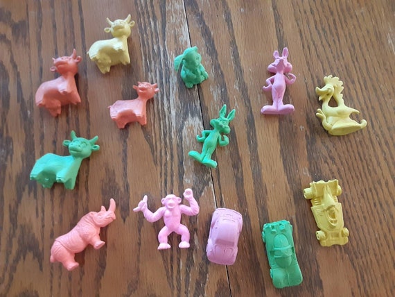 Diener Eraser Vintage Toys - animals and cars, Looney Tunes, Corvette, Ferrari, racecar, Volkswagen, rhino, monkey, cow, roadrunner, coyote