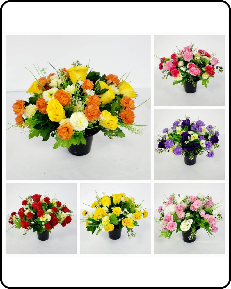 May include: Assortment of artificial flower arrangements in black pots. The arrangements feature various colors, including yellow, orange, red, pink, purple, and white.