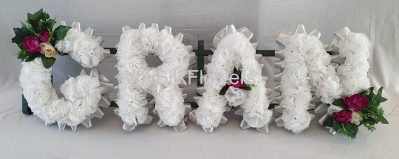 any word Artificial silk funeral flowers 4 LETTER TRIBUTE FRAME memorial 